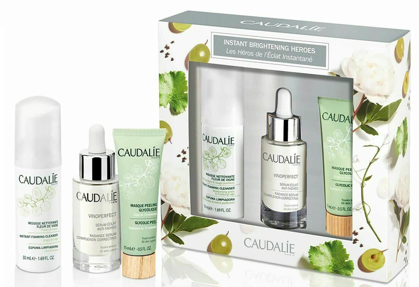 Cadalie Instant Brightening Heroes Set 3 Item Limited Edition ส่วนผสมของ Viniferine ลิขสิทธิ์เฉพาะของแบรนด์ที่ช่วยลดเลือนจุดด่างดำ รอยแผลเป็นจากสิว พร้อมปรับสภาพผิวให้เนียนเรียบและขาวกระจ่างใส   อ่อนโยนสำหรับผิวแพ้ง่าย กระชับรูขุมขน ผลัดเซลล์ผิว