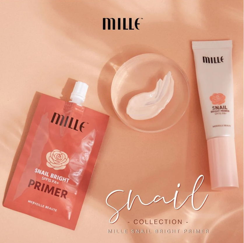 Mille Snail Bright Primer 30g ไพรเมอร์สำหรับใช้ทาเพื่อช่วยอำพรางผิวให้เรียบเนียน ลดความหมองคล้ำ พร้อมมอบความชุ่มชื้นจากเมือกหอยทาก สามารถใช้ผสมพร้อมกับ BB หรือ รองพื้นได้