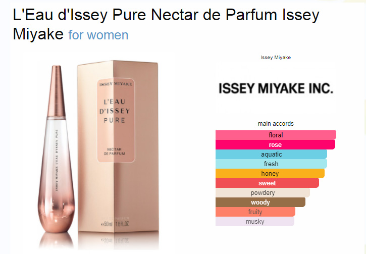 ISSEY MIYAKE L'eau D'issey Pure Nectar De Parfum EDP  โดดเด่นด้วยกลิ่นความหอมกรุ่นอุ่นไอของลูกแพร์มี ที่มอบสัมผัสโปร่งใส บางเบา และหัวน้ำหอมจากกลีบกุหลาบ ที่มีความฉ่ำชุ่มนำมาหลอมรวมกัน กำเนิดเป็นกลิ่นหอมหวานสุดเย้ายวน เสน่ห์ความหอมที่งดงามตราตรึงใจ